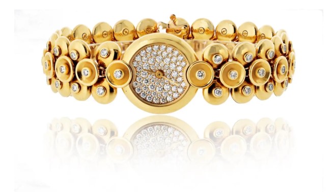 Van Cleef & Arpels 18K Yellow Gold Bouton D'or Medium Model Diamond Dial Watch
